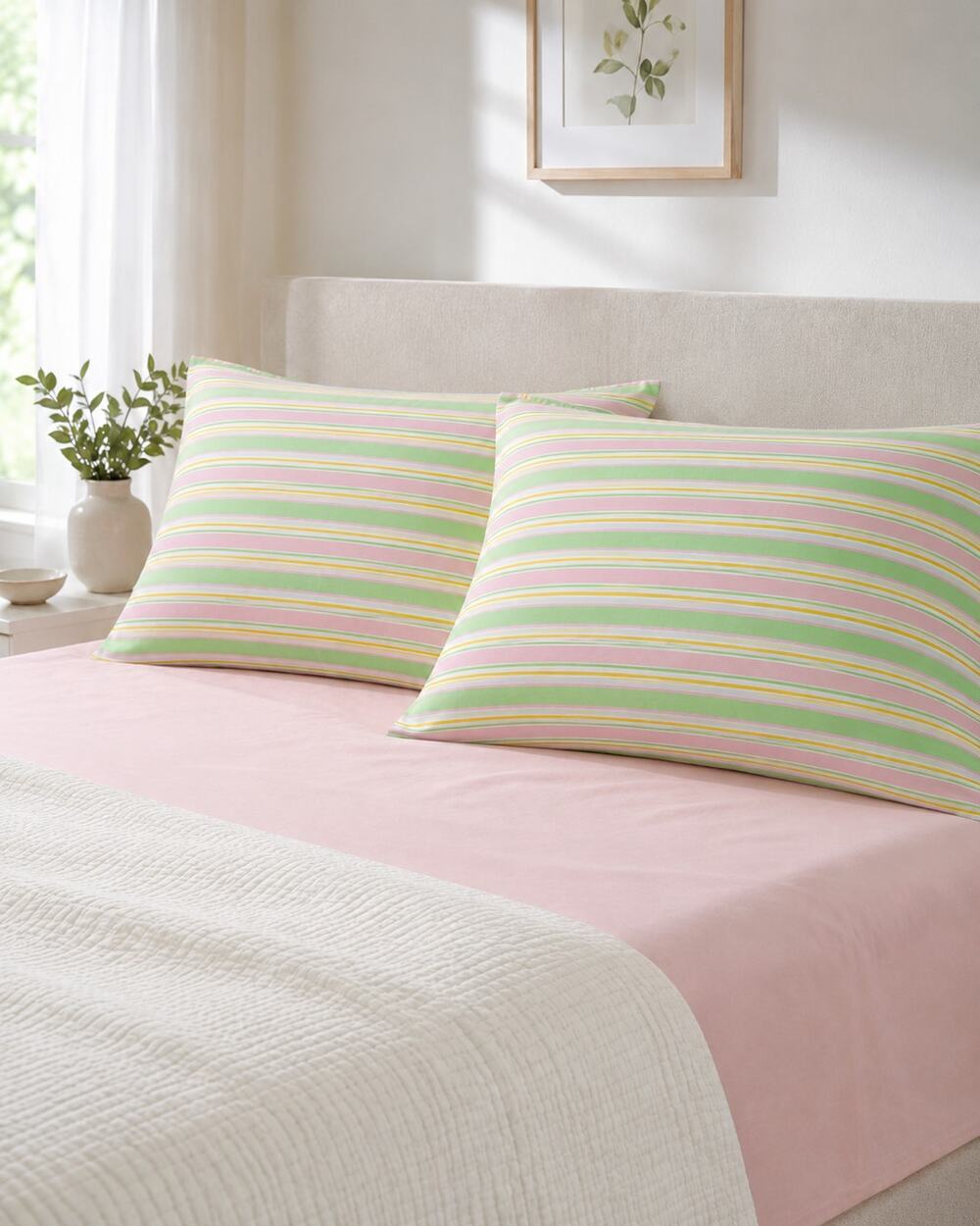 Vintage Striped Pillowcases JCPenney Percale Pink Green Cottagecore Pair 30x20